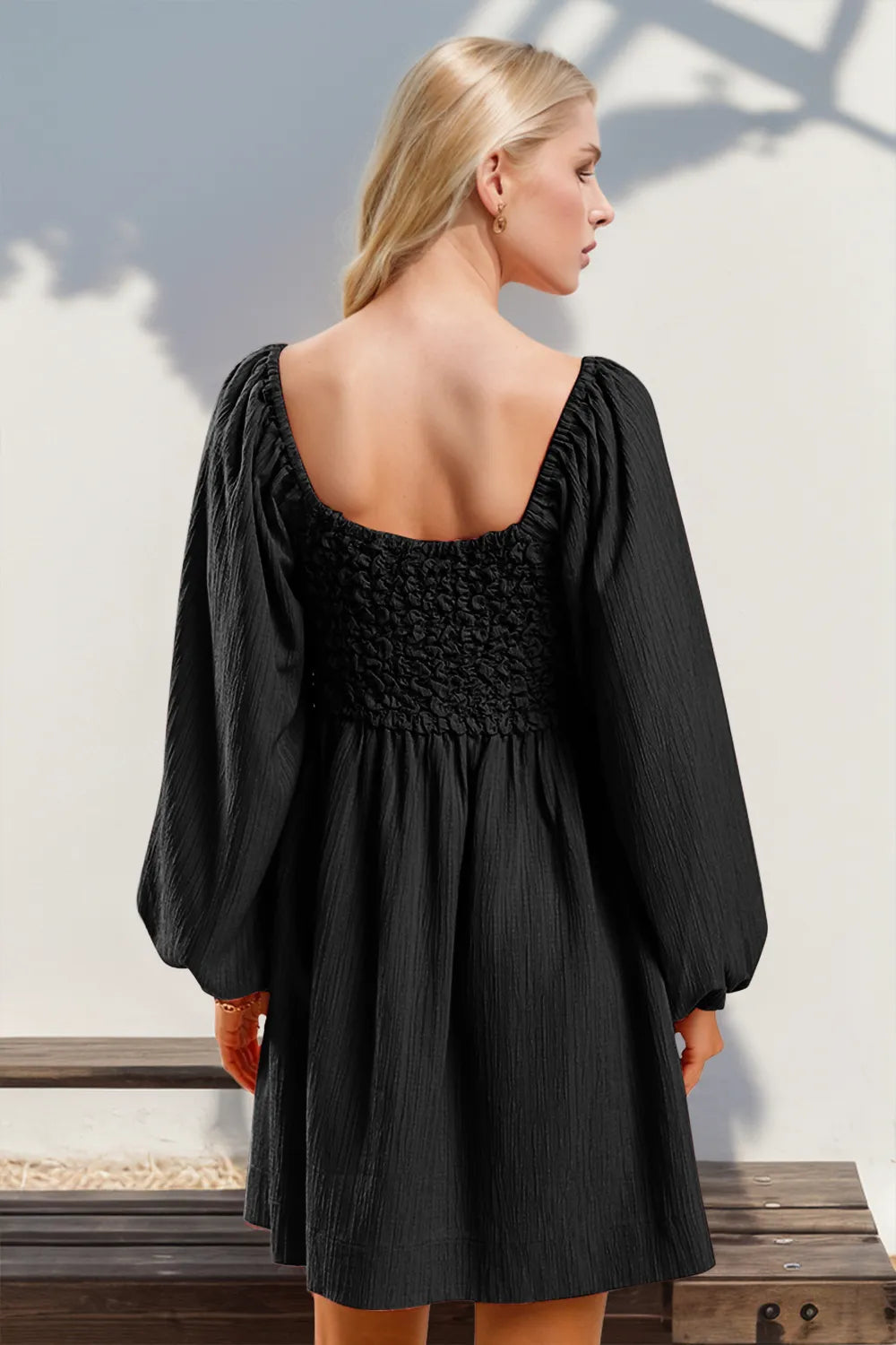 Double Take Texture Smocked Balloon Sleeve Mini Dress in Black, view 2