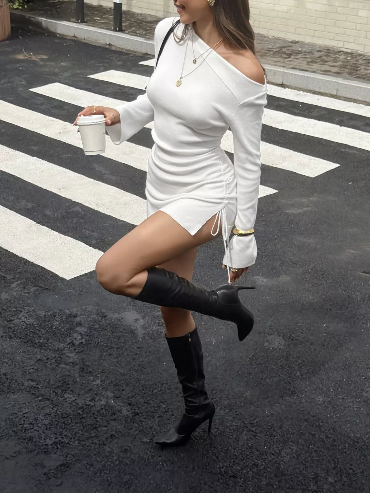 Side Drawstring Ruched Bodycon Knit Dress - Lilixa.store