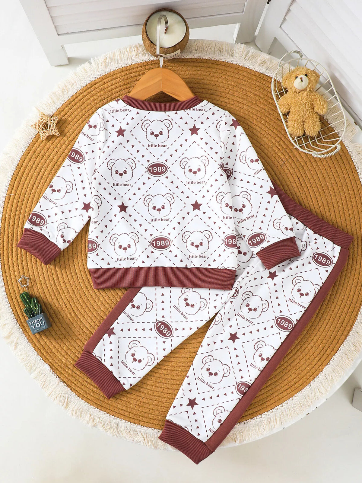 Children's Bear Print Long Sleeve Sweatshirt and Pants Set in Dark Brown, view 5
