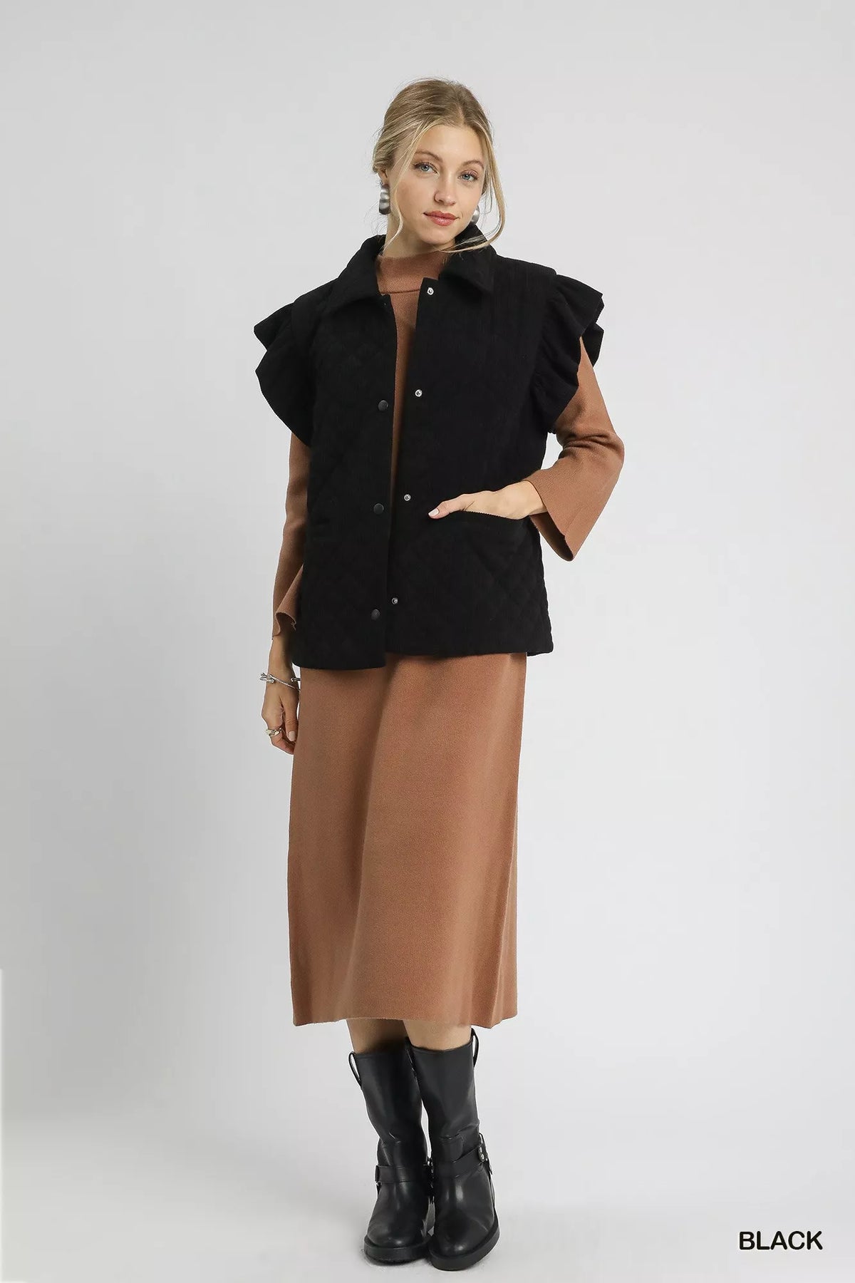 Umgee Corduroy Quilted Ruffle Sleeve Vest - Lilixa.store
