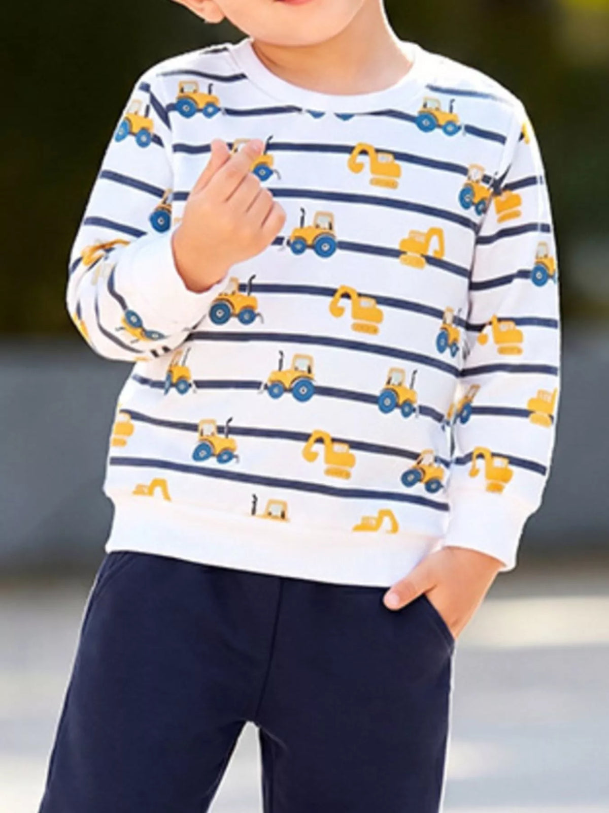 Children's Construction Vehicle Print Long Sleeve Sweatshirt and Pants Set in White, view 2