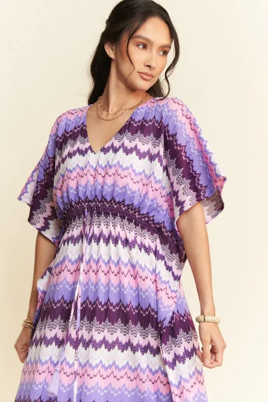 Davi & Dani Multi Color Wavy Tie Waist Flowy Sleeve Dress - Lilixa.store