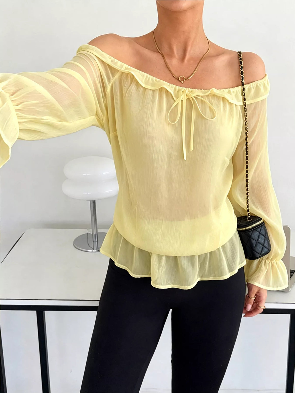 Off-Shoulder Flounce Sleeve Chiffon Blouse - Lilixa.store
