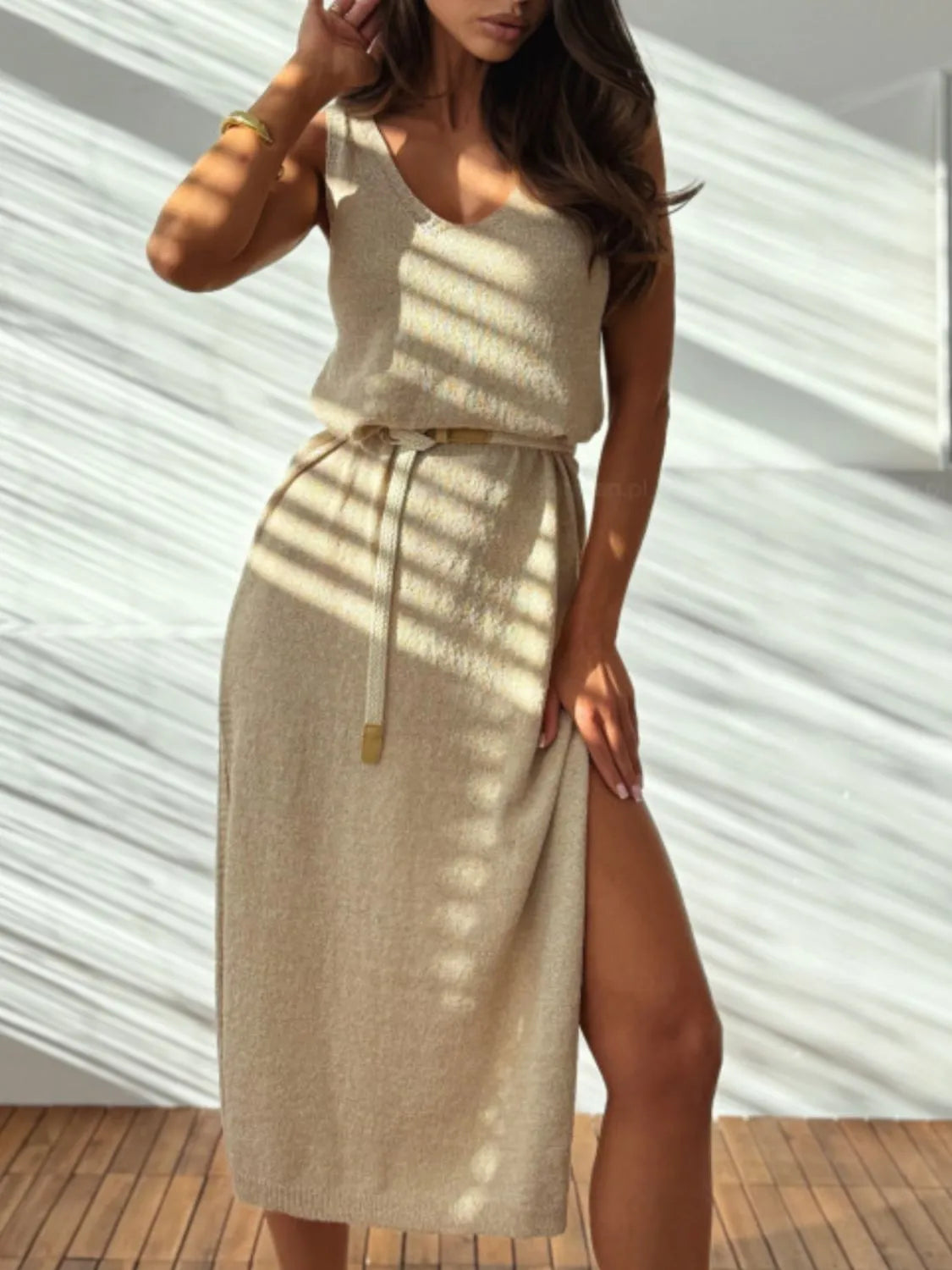 Slit V-Neck Sleeveless Sweater Dress in Khaki, view 2
