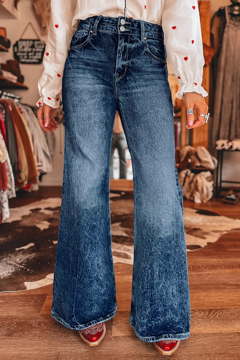 Acid Wash Pocket Detail Flare Jeans - Lilixa.store
