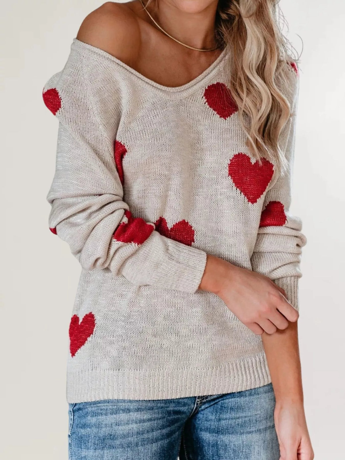Heart Pattern V-Neck Sweater
