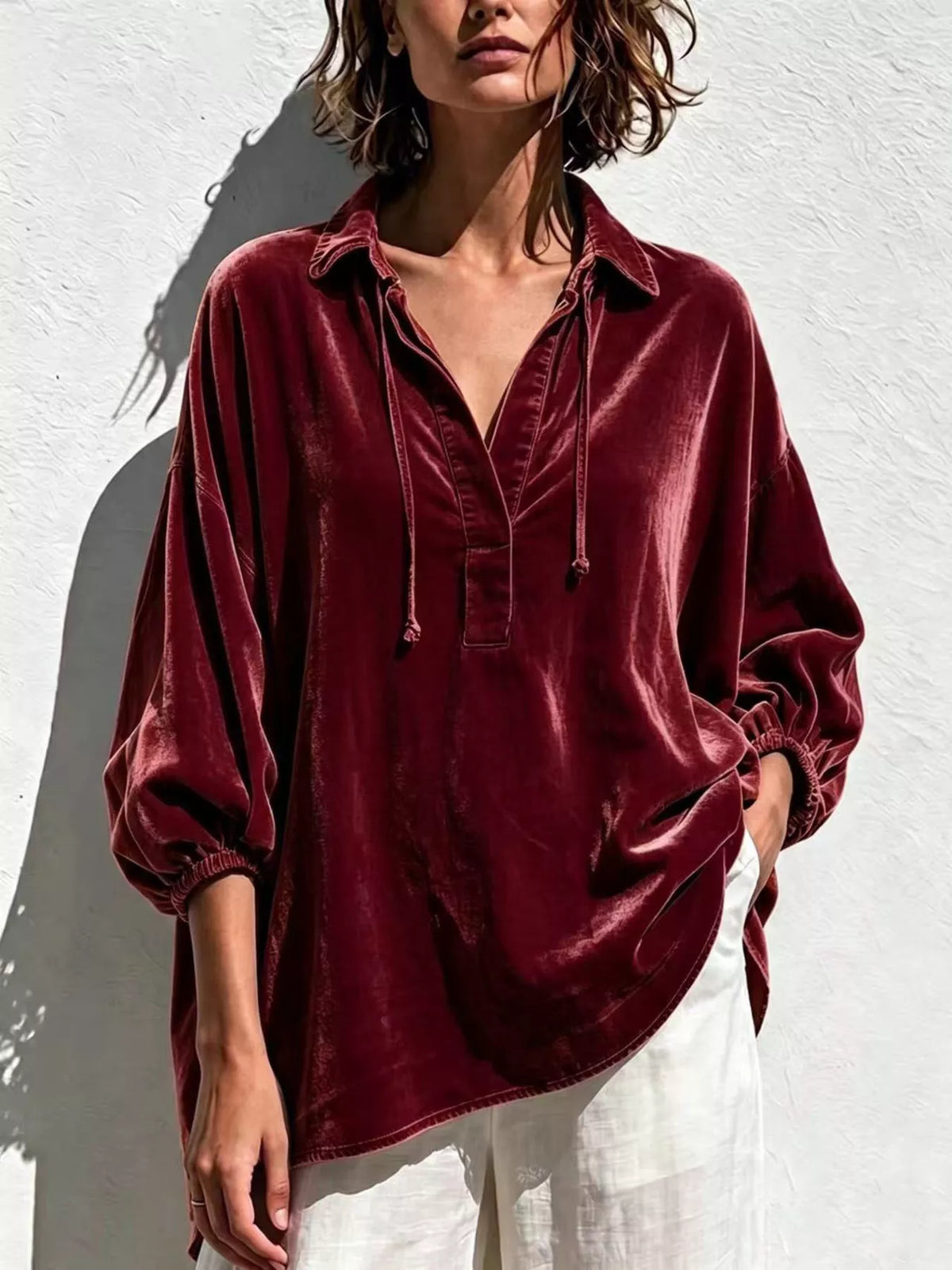 Full Size Oversized Velvet Collared Neck Drawstring Blouse Plus Size in Burgundy