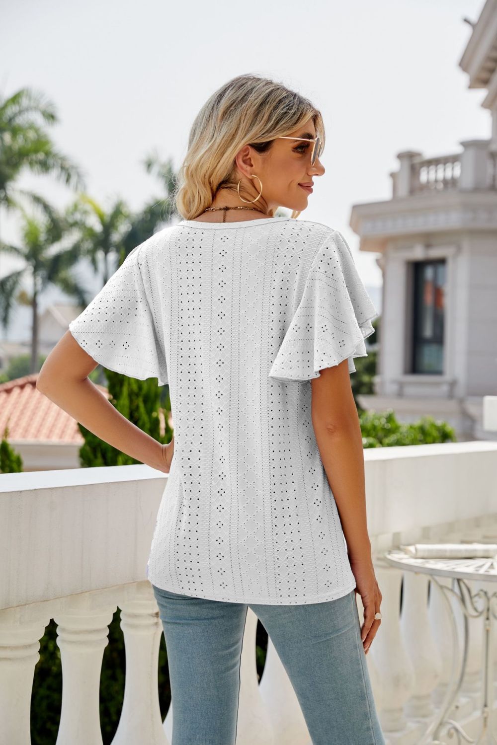 Eyelet Flutter Sleeve Round Neck Top, view 5