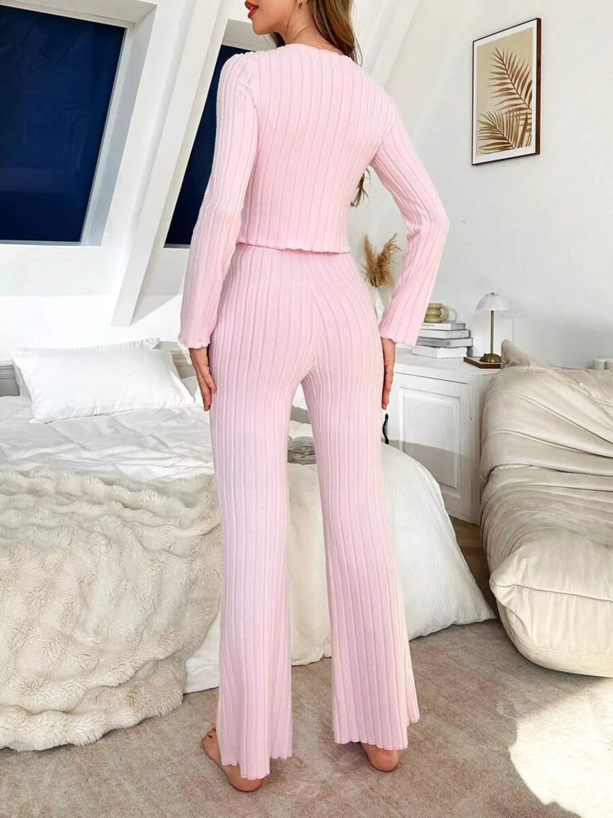 Bow Detail Ribbed Knit Top and Pants Lounge Set - Lilixa.store