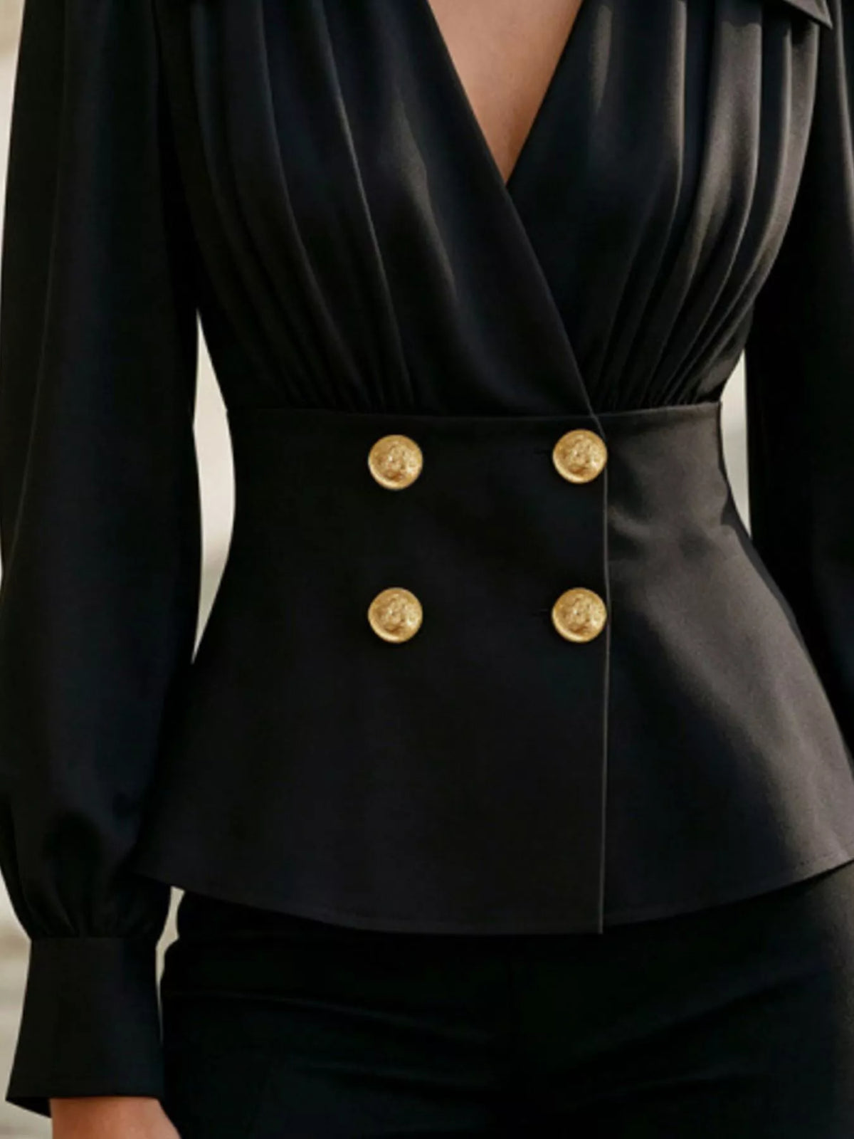 Double-Breasted Peplum Blouse with Gold Buttons, view 3