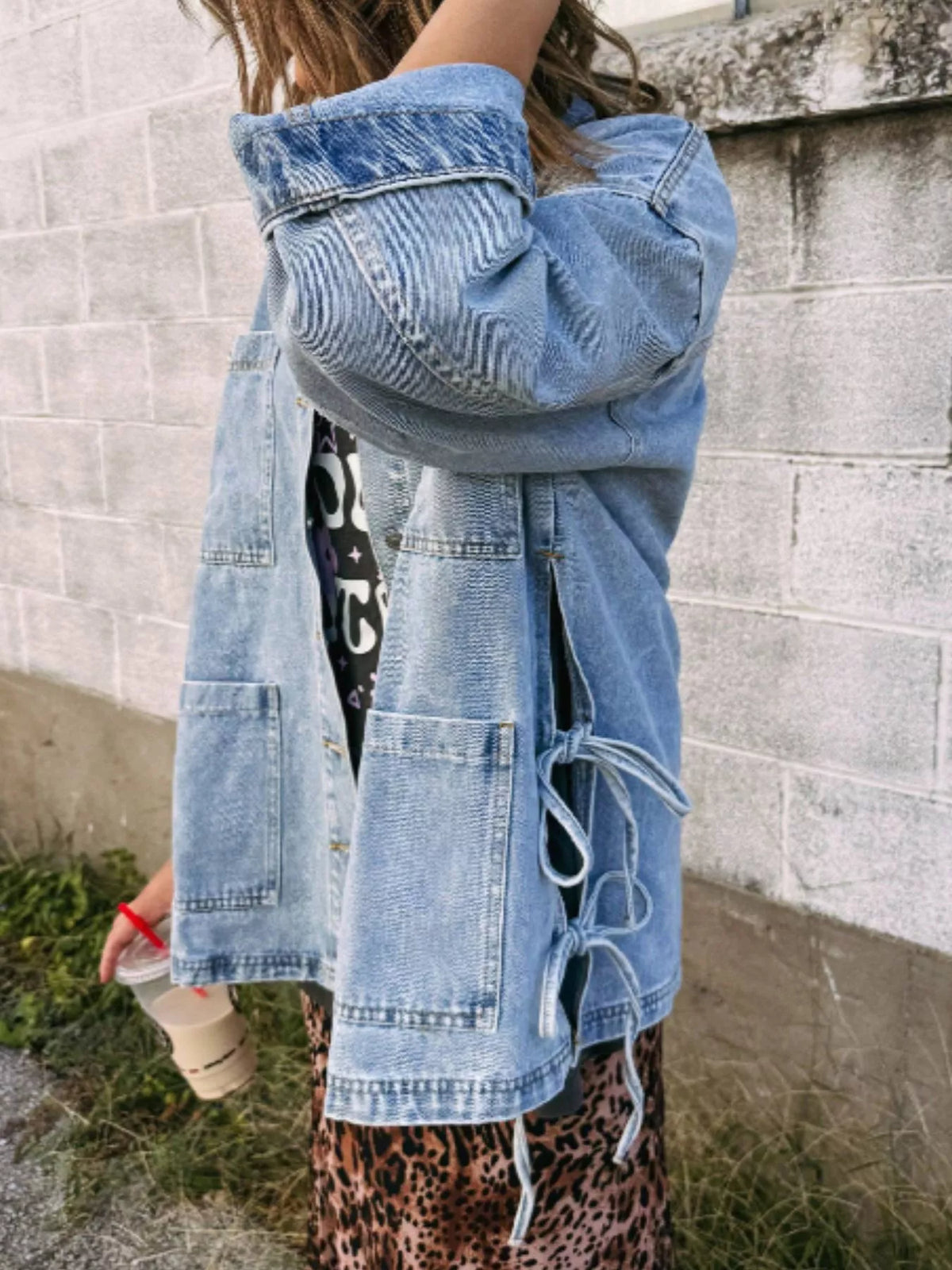 Patched Pockets Side Tie Denim Jacket, view 4