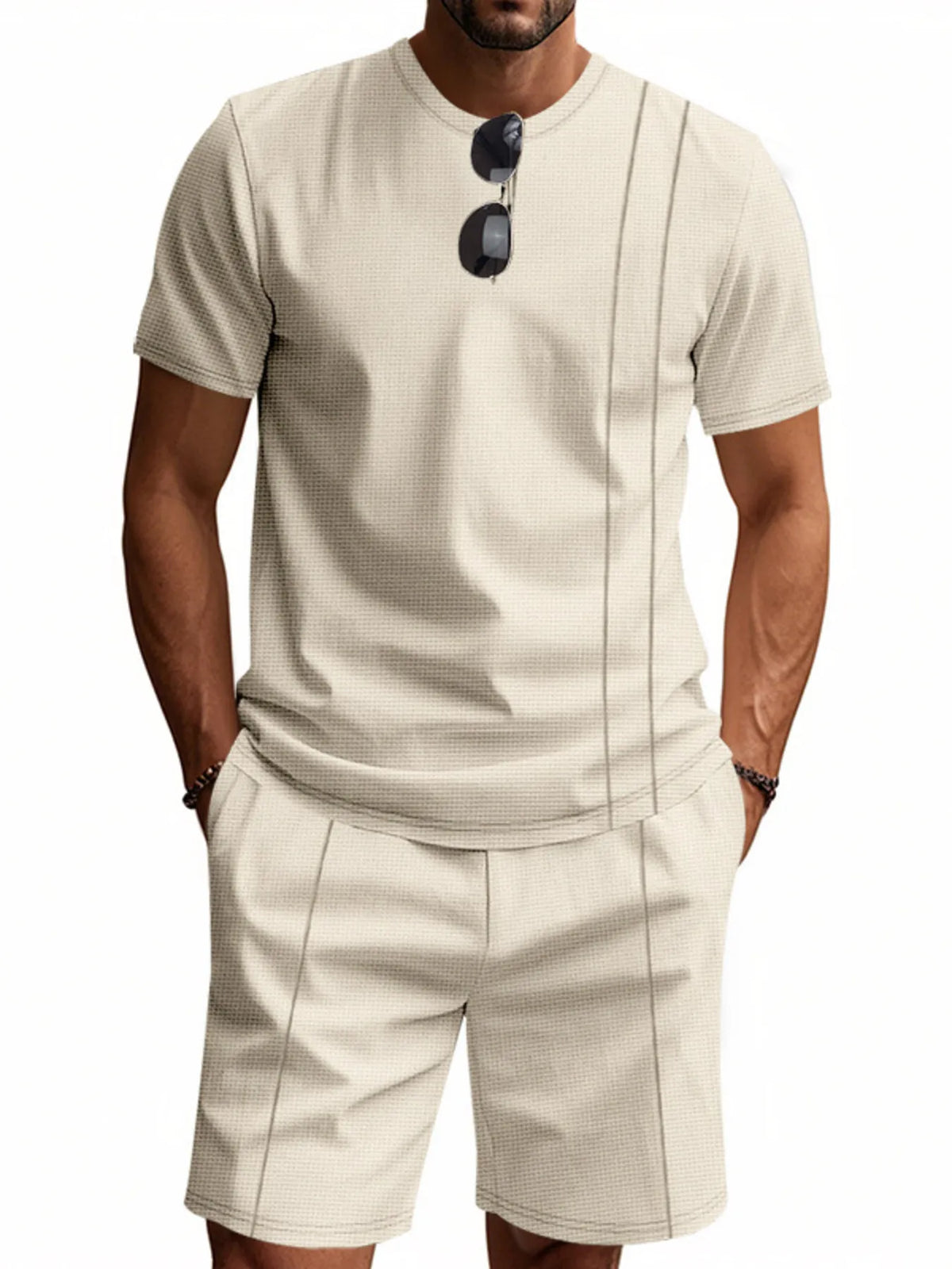 Men's Full Size Round Neck Short Sleeve Top and Shorts Set Plus Size in Khaki