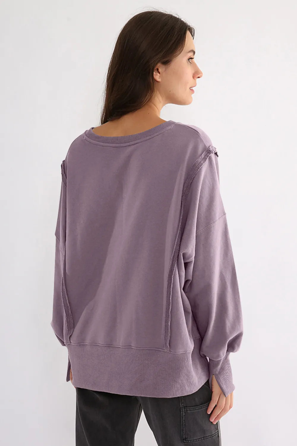 Exposed Seam High-Low Long Sleeve Sweatshirt - Lilixa.store