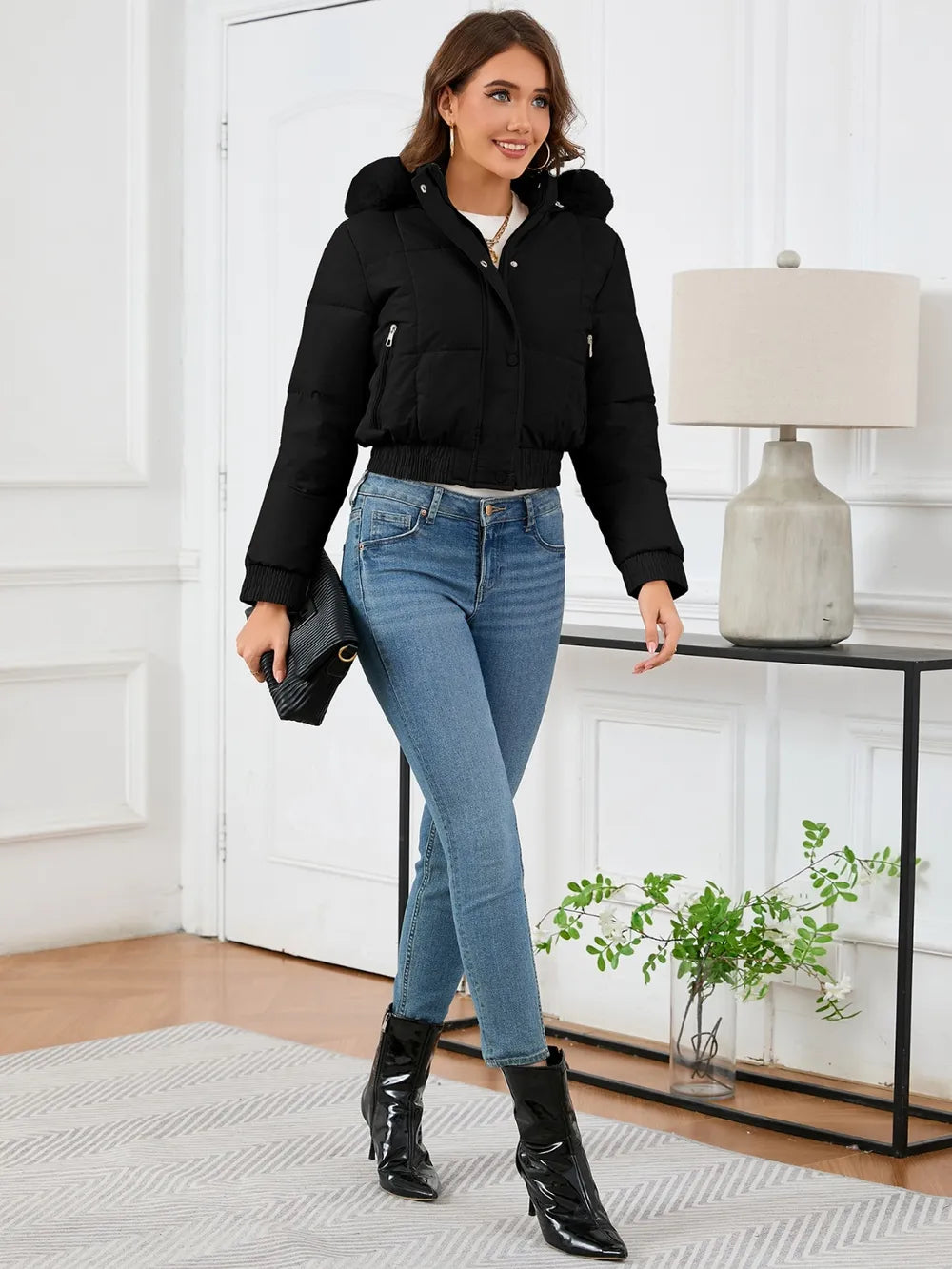 Pocketed Long Sleeve Cropped Hooded Winter Coat - Lilixa.store