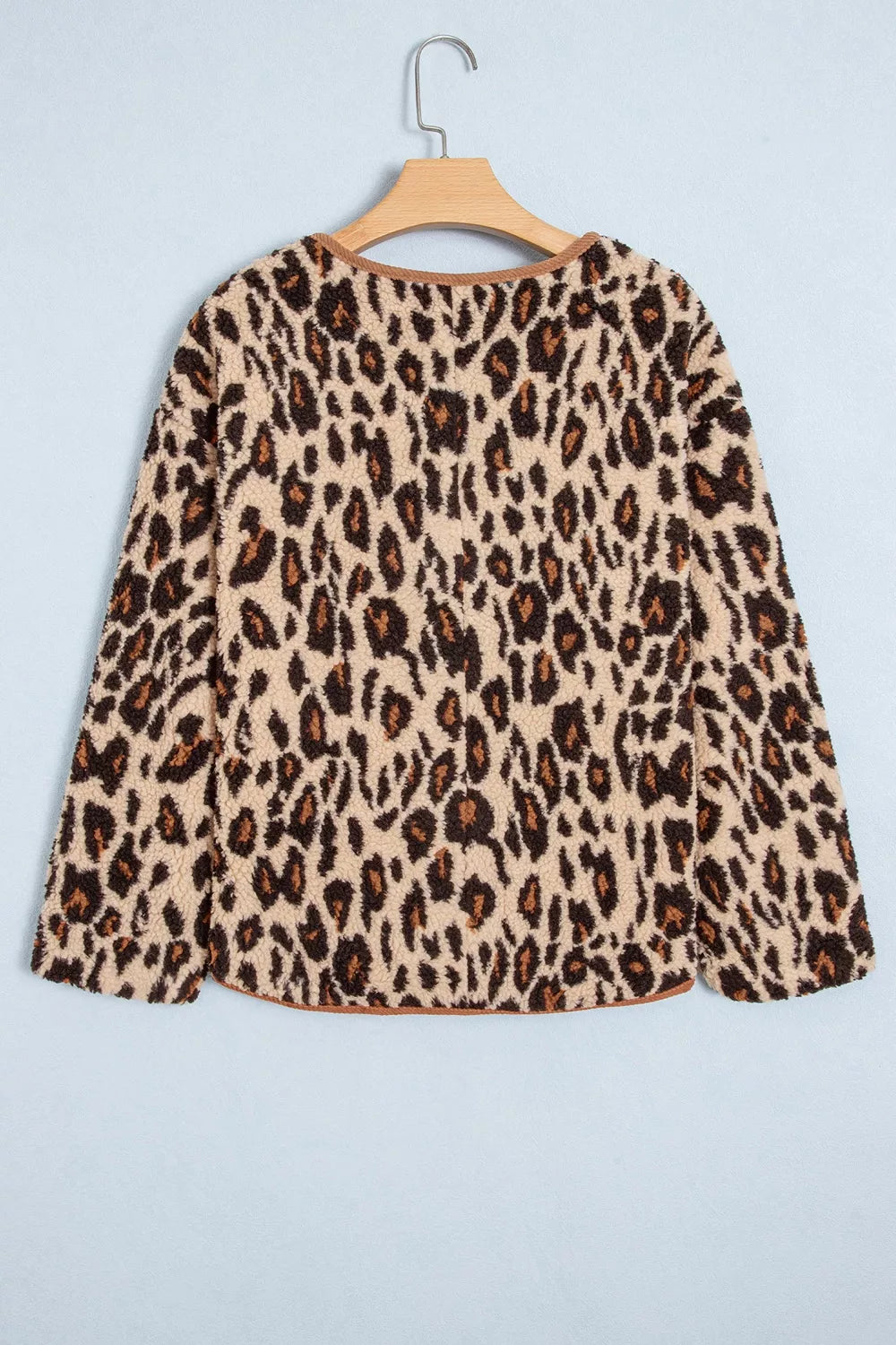 Leopard Plush Corduroy Trim Long Sleeve Jacket, view 7