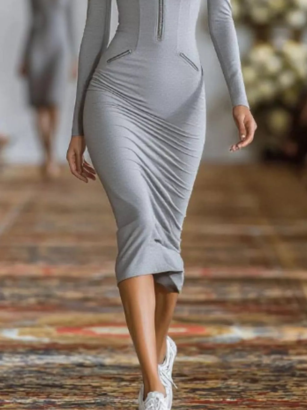 Full Size Zip-Front Bodycon Midi Dress Plus Size - Lilixa.store