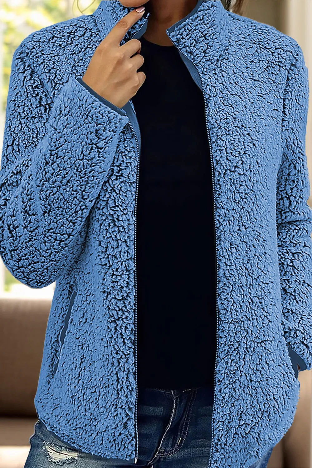 Pocketed Zip Up Turtleneck Jacket in Royal Blue