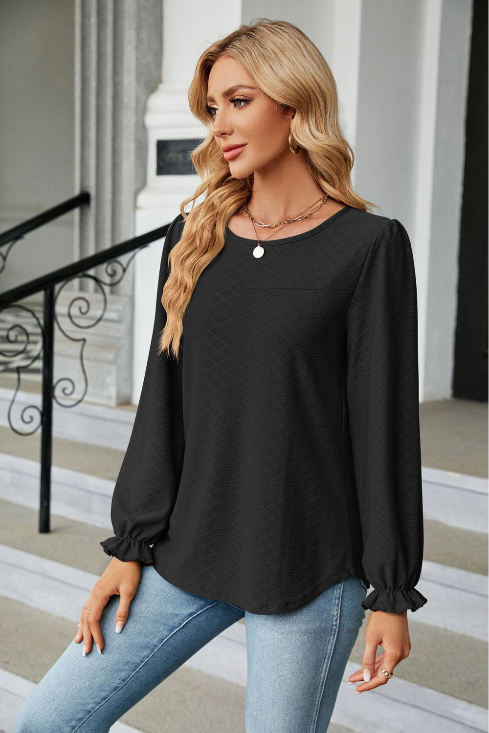 Round Neck Flounce Sleeve Blouse, view 5