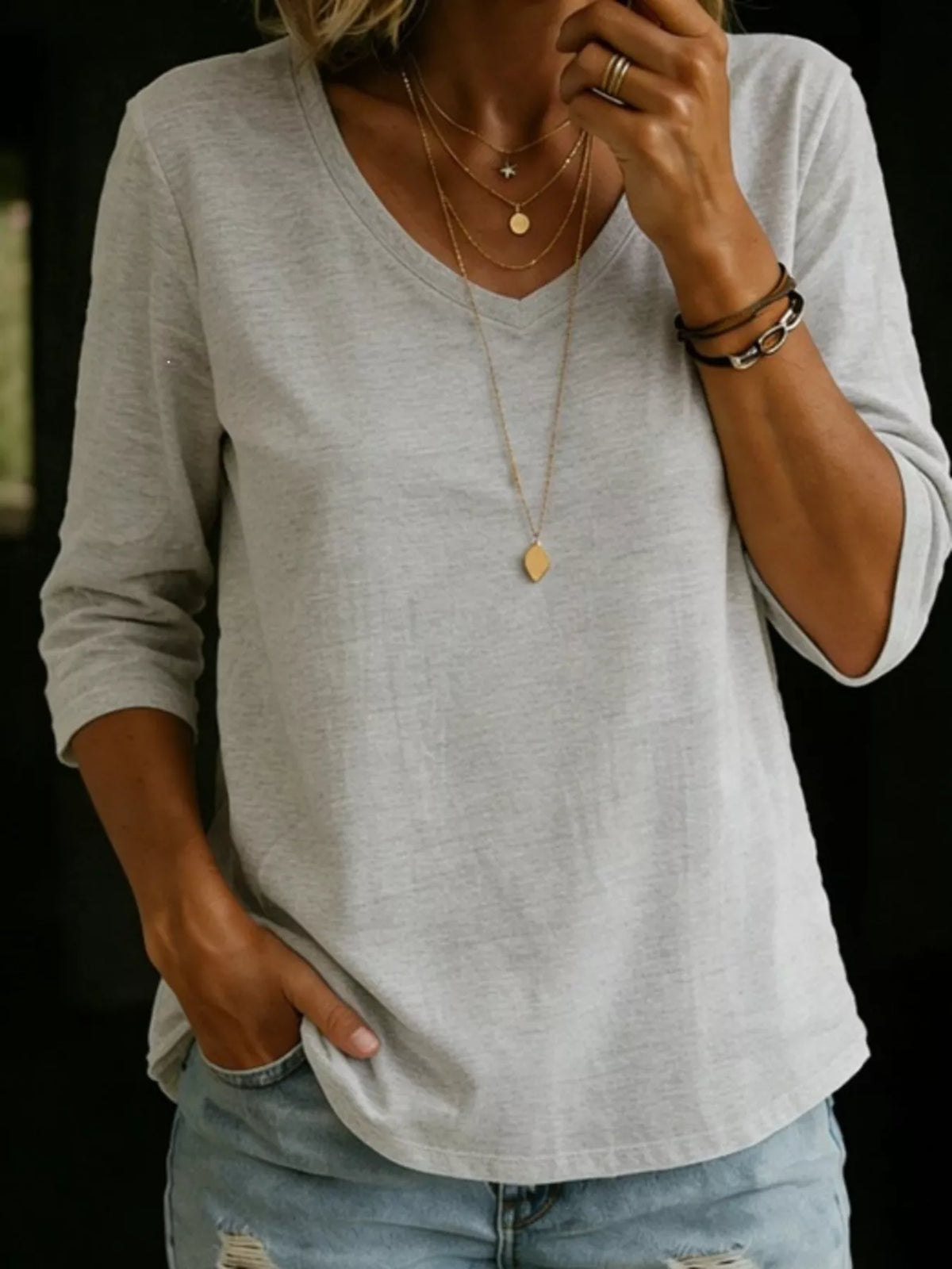 Full Size V-Neck 3/4 Sleeve T-Shirt Plus Size - Lilixa.store