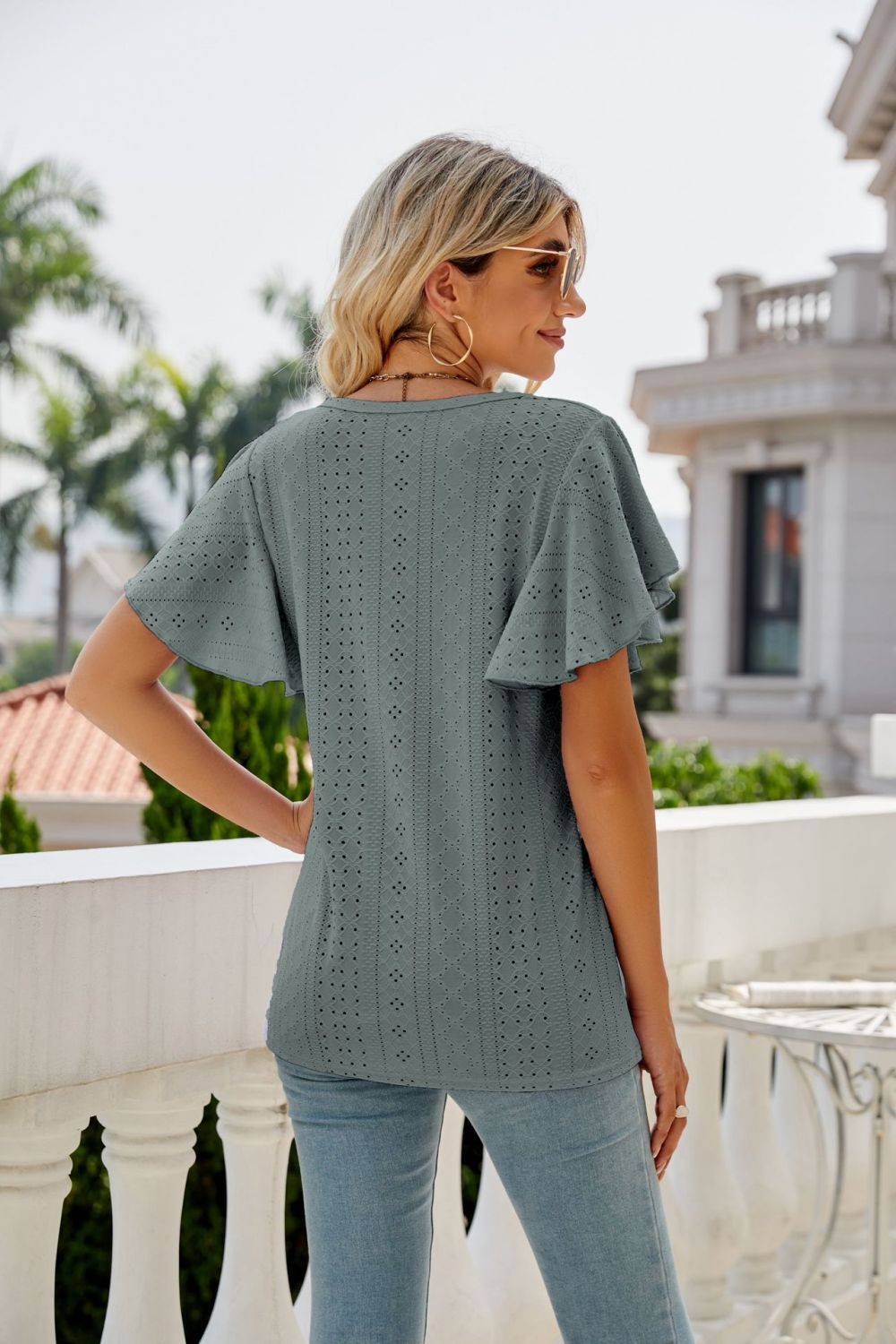 Eyelet Flutter Sleeve Round Neck Top, view 7