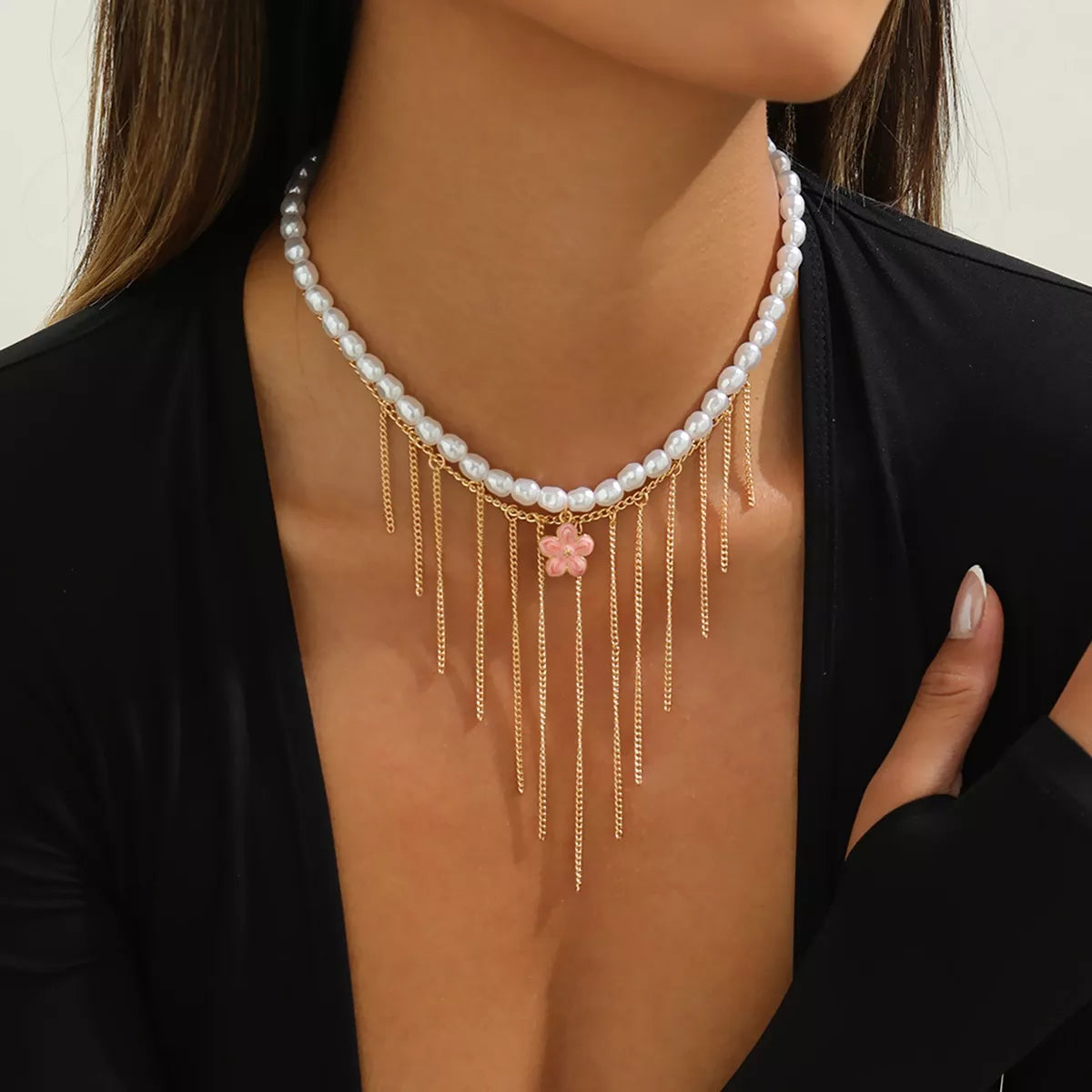 Elegant Pearl Choker Necklace with Flower Charm and Tassel Dangles - Lilixa.store