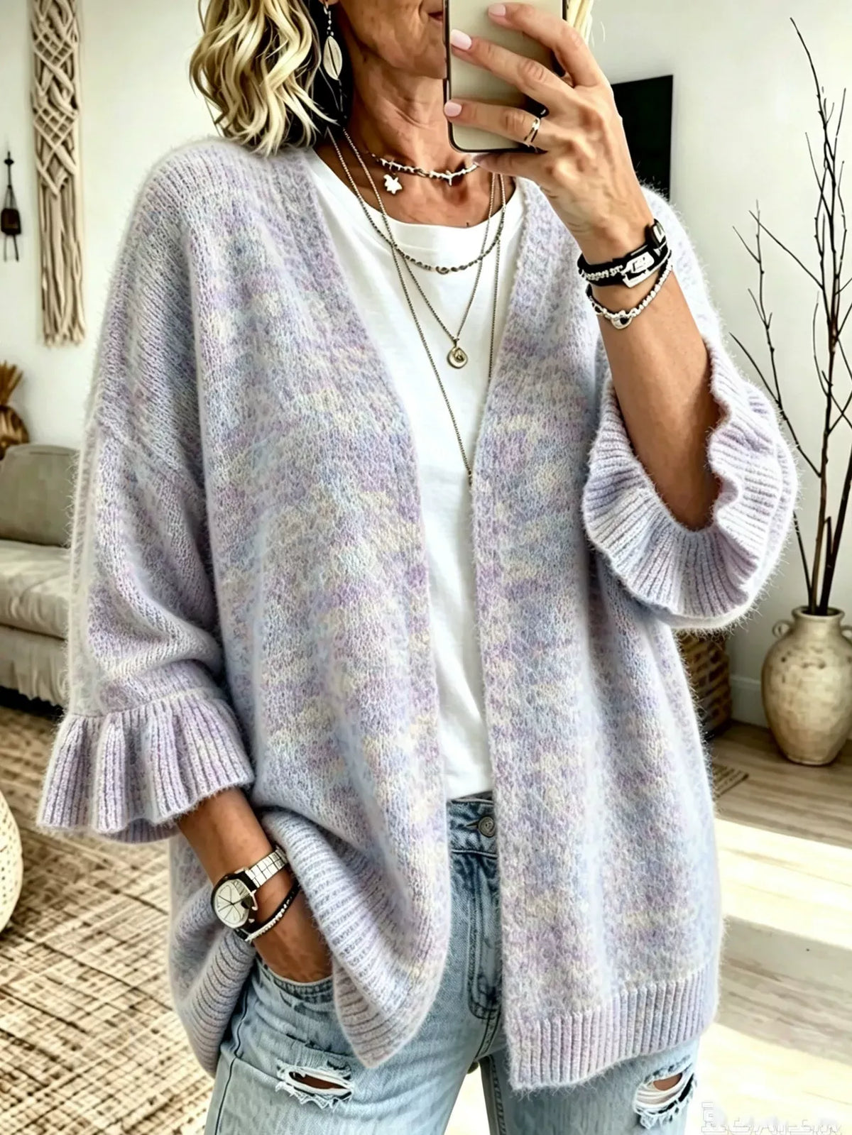 Full Size Ruffle Sleeve Open-Front Cardigan Plus Size - Lilixa.store