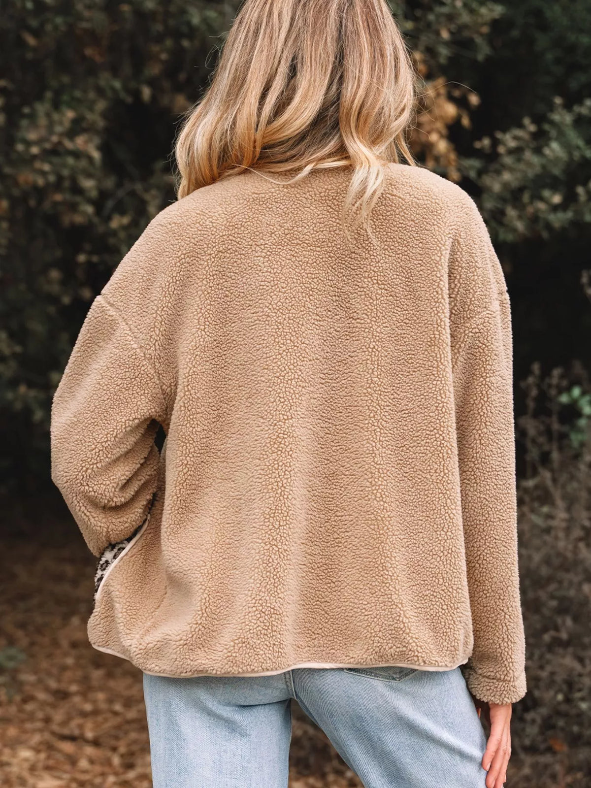 Casual Leopard Print Accent Plush Jacket with Pockets in Camel, view 3