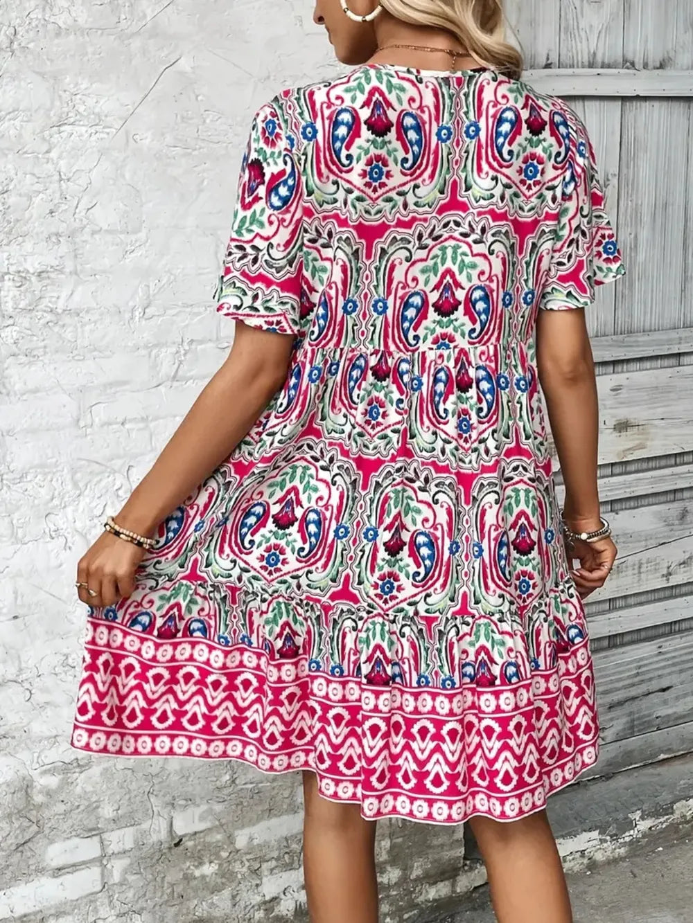 Printed Tie Neck Short Sleeve Dress, view 5