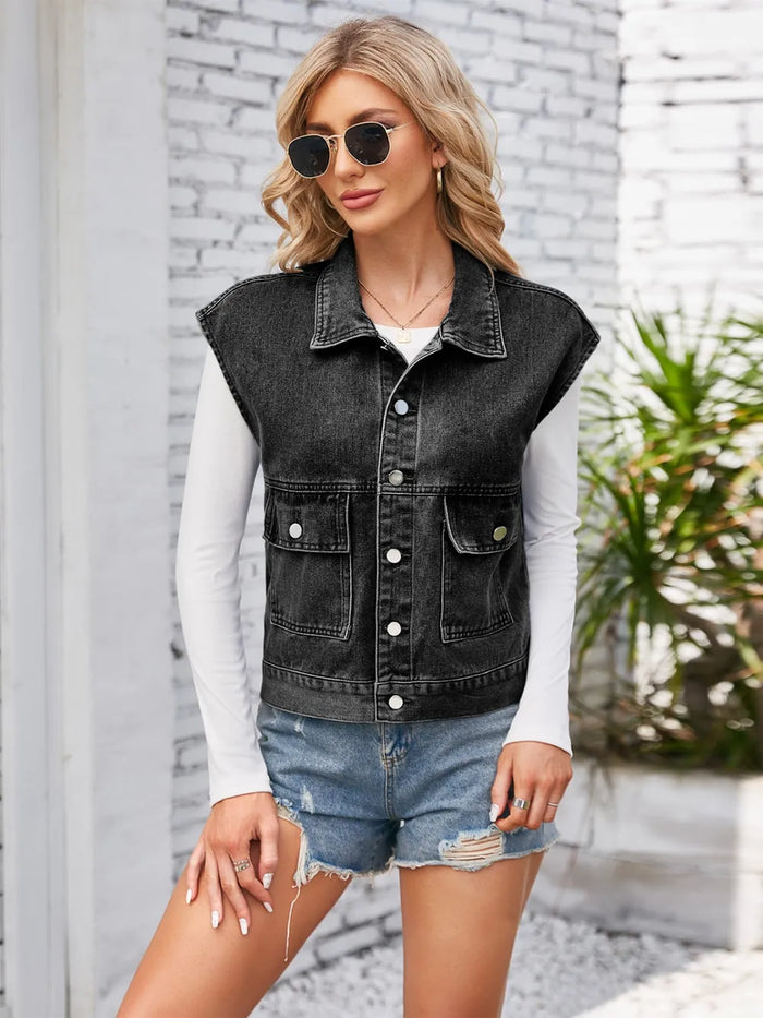 Cap Sleeve Denim Jacket with Pockets in Black