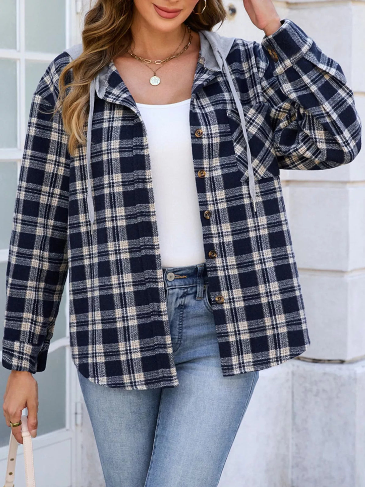 Hooded Plaid Button-Up Shacket, view 4