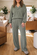 Plus Size Twisted Ribbed Exposed Seam Detail V Neck Top and Pants Set - Lilixa.store