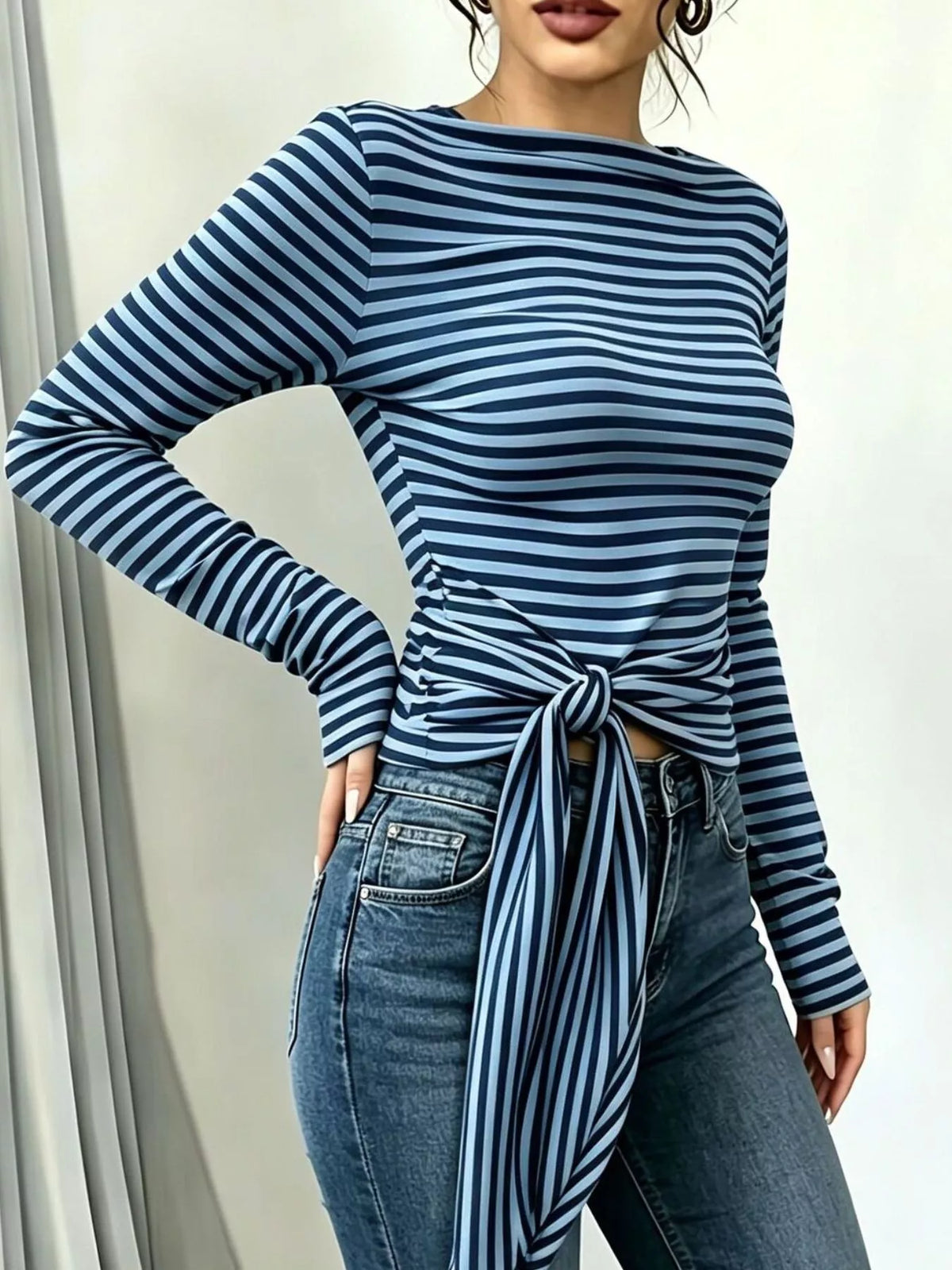 Long Sleeve Striped T-Shirt with Front Tie Detail - Lilixa.store