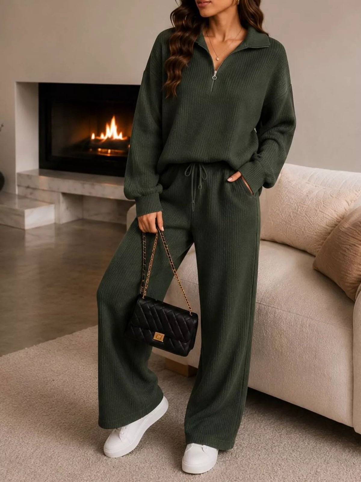 Ribbed Knit Quarter-Zip Top and Wide-Leg Pants Set in Army Green