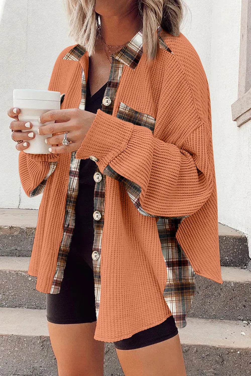 Plaid Button Down Collared Jacket in Tangerine