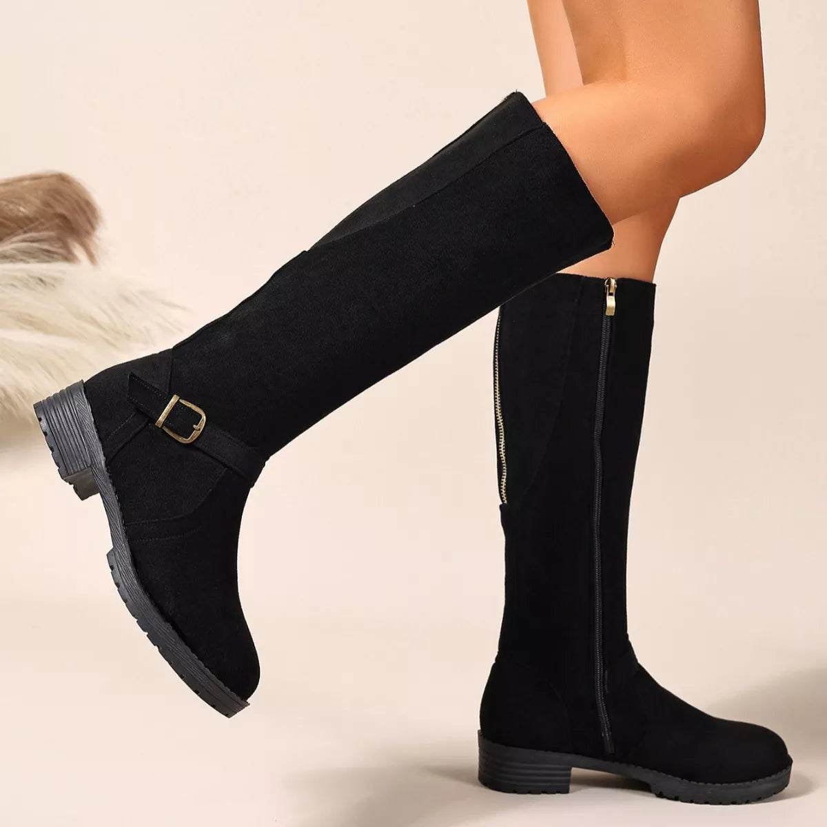 Knee-High Suede Buckle Accent Boots - Lilixa.store