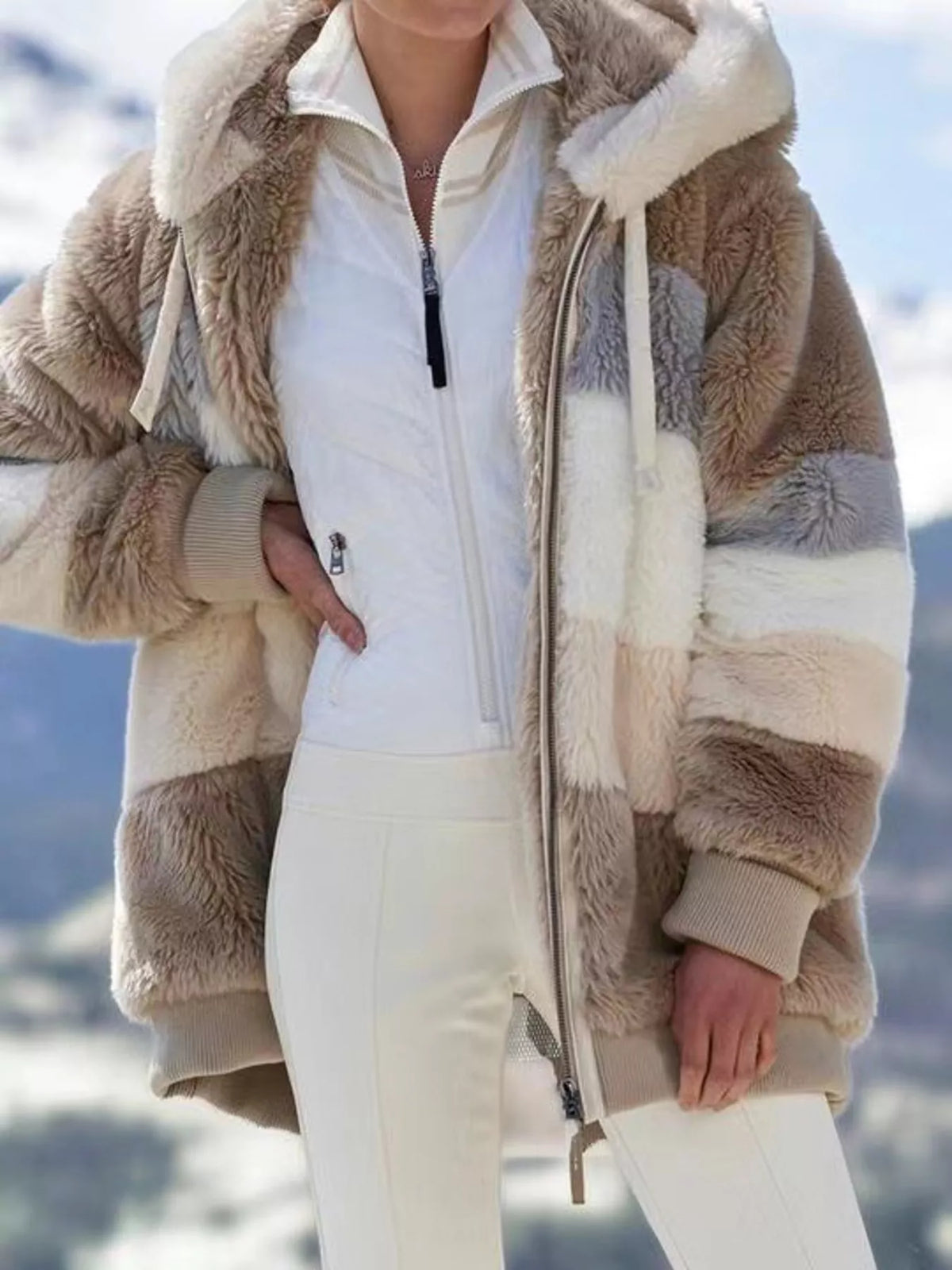 Full Size Fuzzy Zip Up Hooded Outerwear Plus Size, view 6