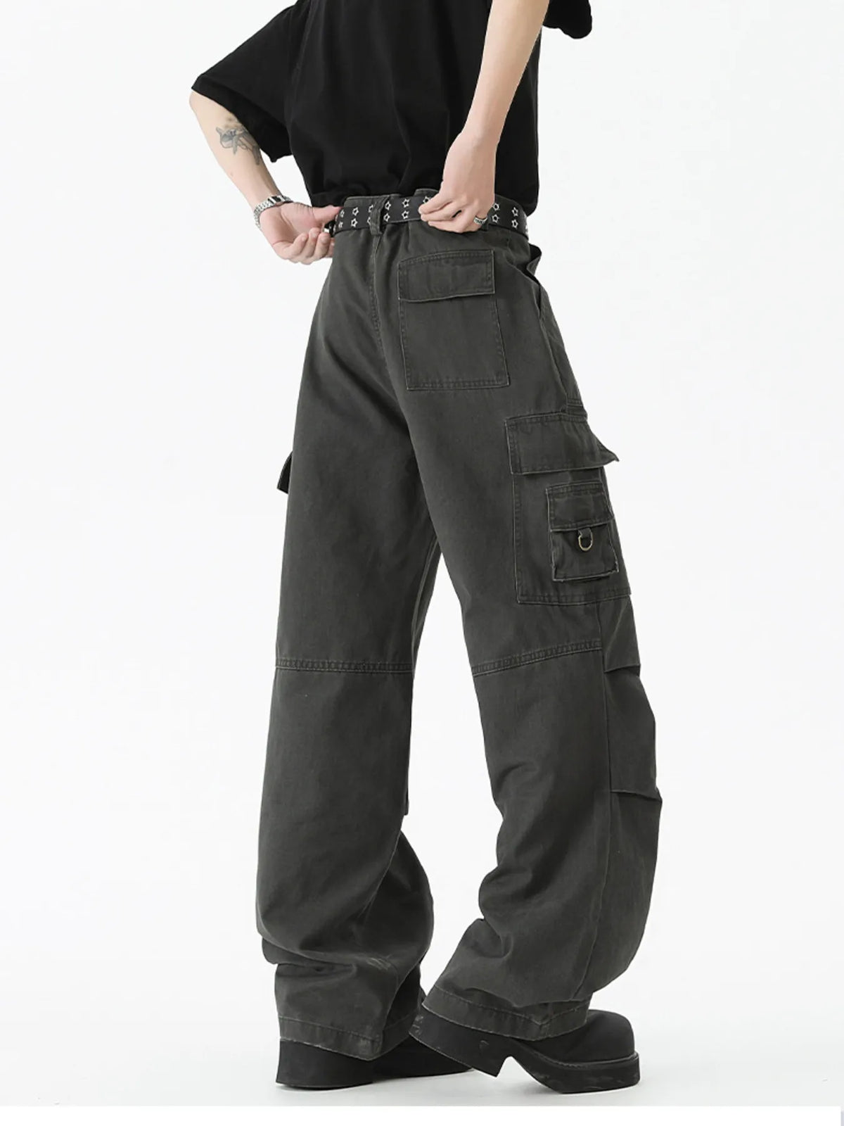 Men's Wide Leg Cargo Pants with Ruched Detail, view 2
