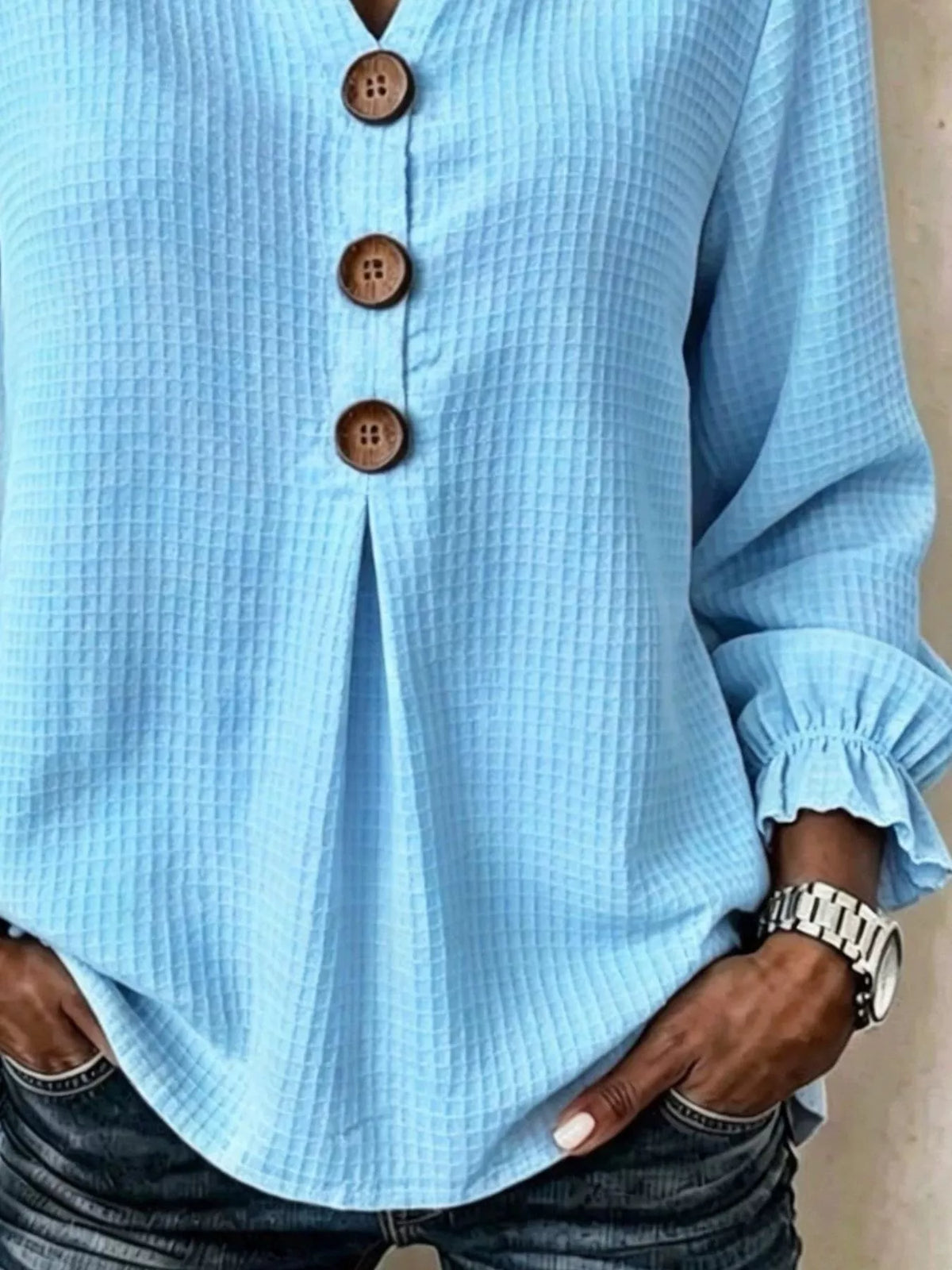 Full Size Waffle Knit Flounce Sleeve Blouse Plus Size, view 6