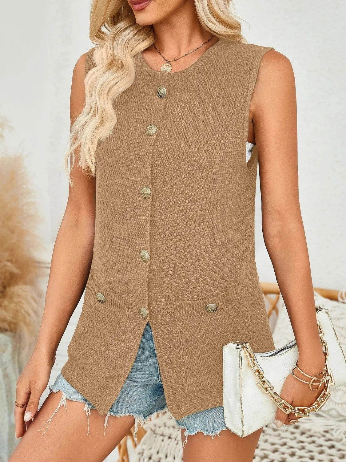 Button Down Round Neck Knit Vest, view 7
