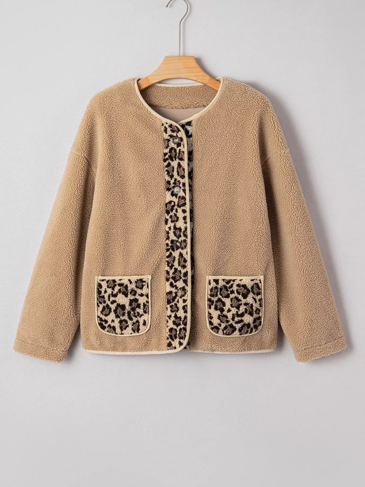 Casual Leopard Print Accent Plush Jacket with Pockets in Camel, view 9