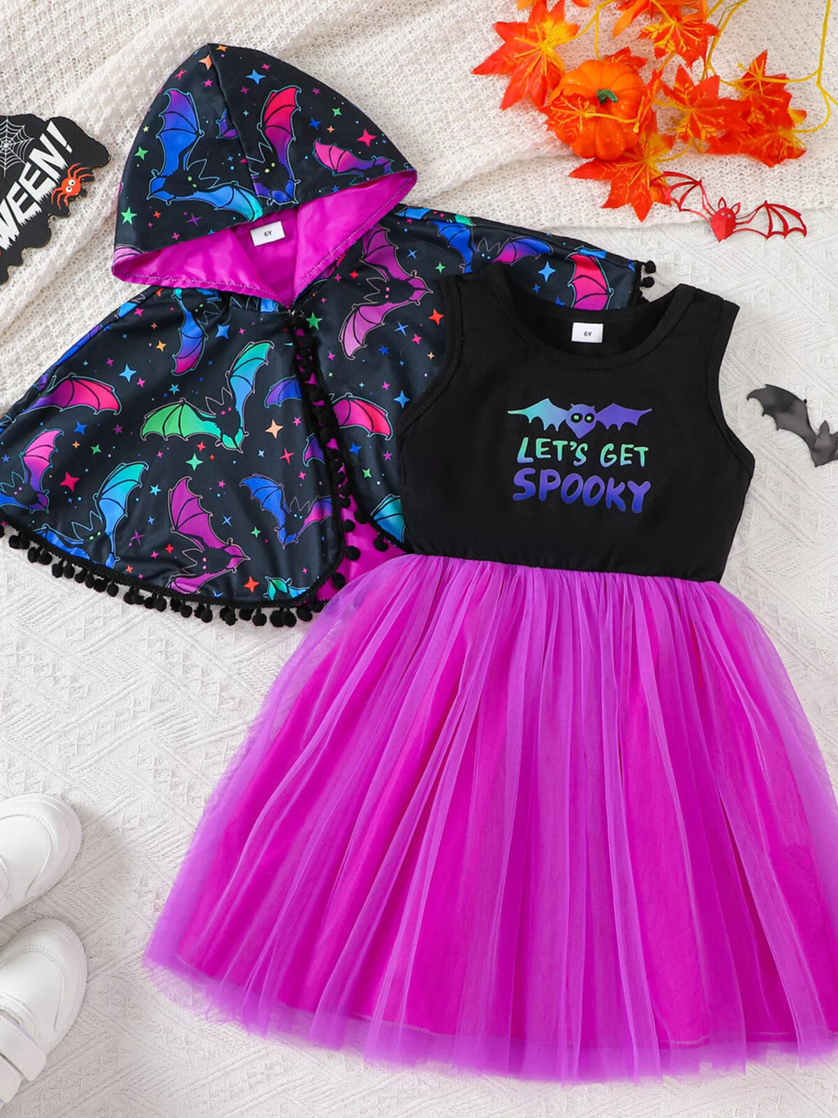 Children's Halloween Bat Print Hooded Cape and Tulle Dress Set - Lilixa.store