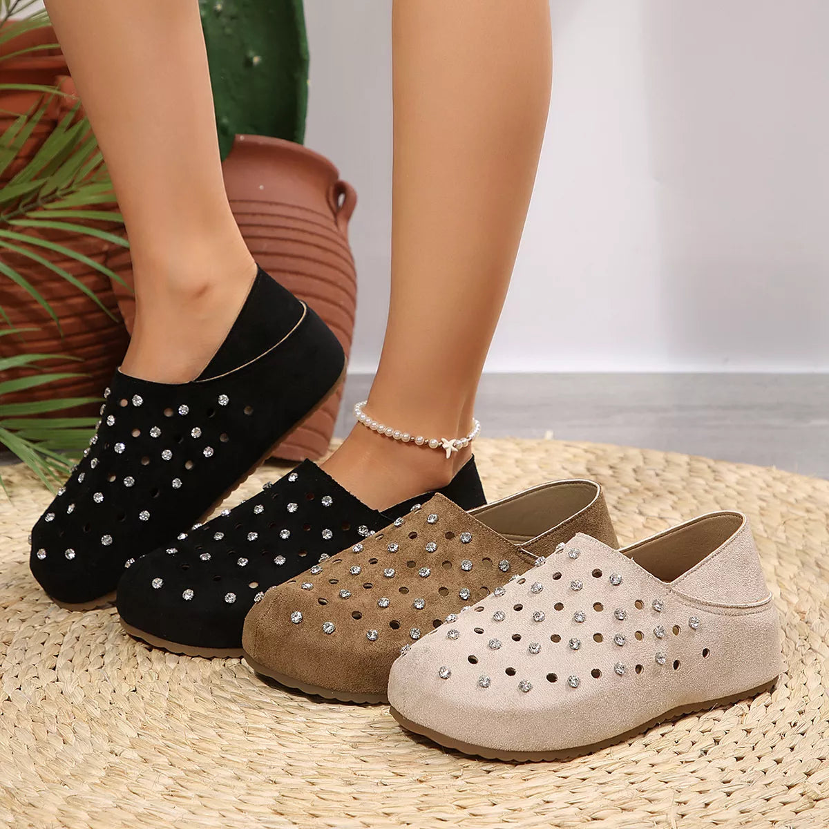 Rhinestone Round Toe Slip-Ons - Lilixa.store