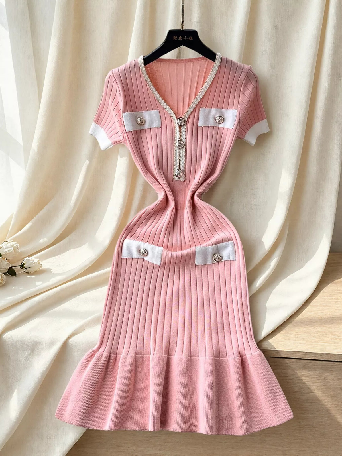 Ruffled Hem V-Neck Ribbed Knit Dress - Lilixa.store