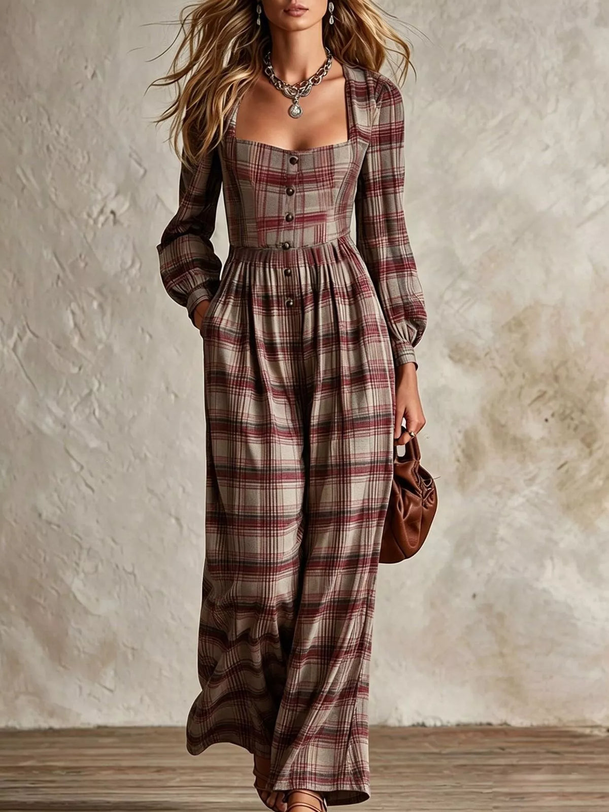 Plaid Square Neck Long Sleeve Wide Leg Jumpsuit