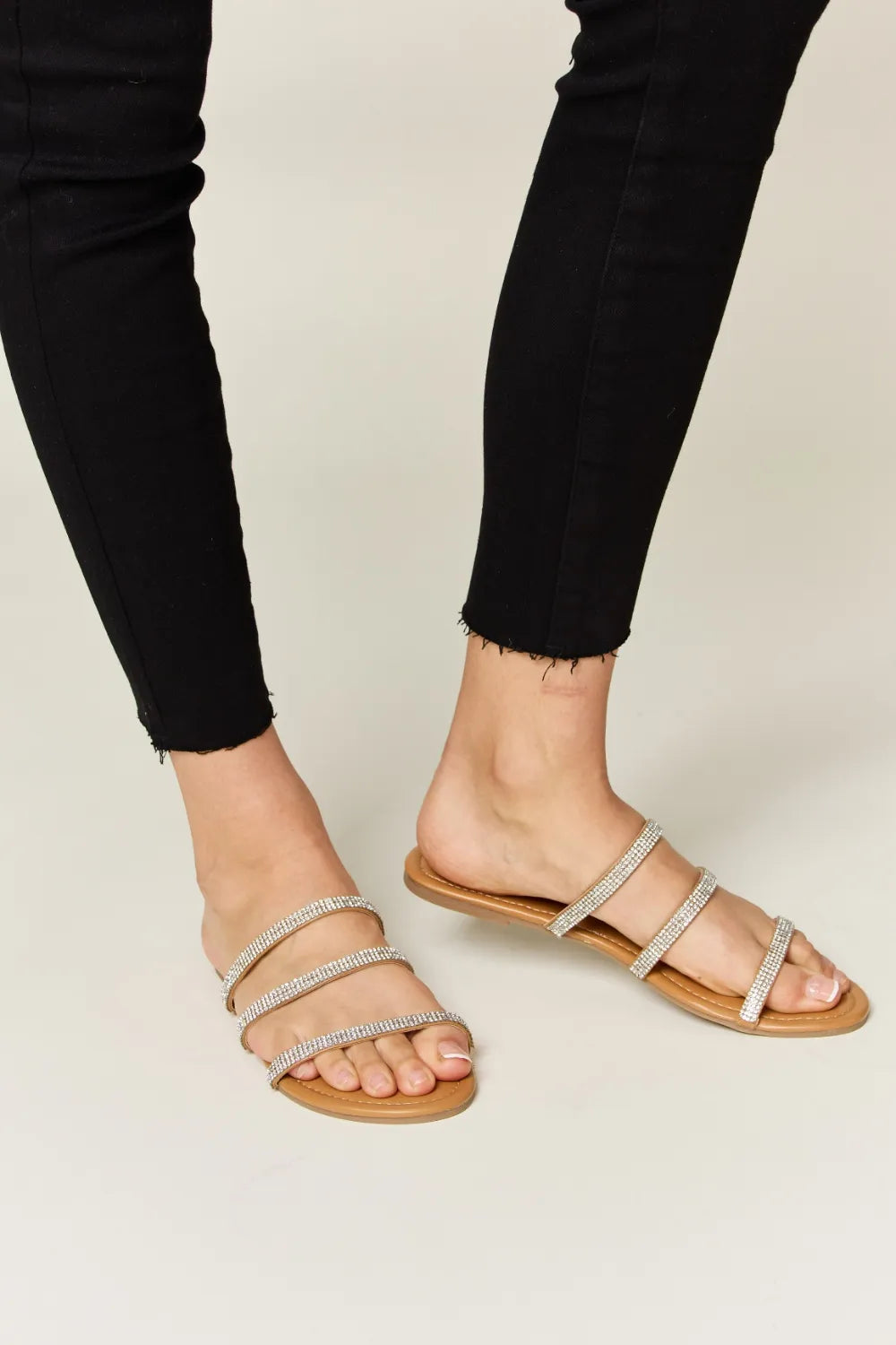 WILD DIVA Rhinestone Three-Strap Flat Sandals - Lilixa.store