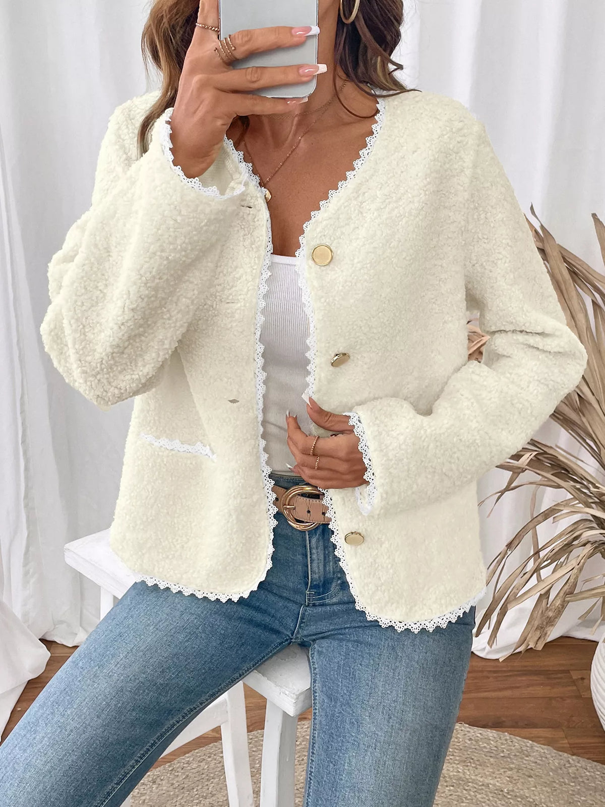 Lace Detail Button Up Long Sleeve Outerwear - Lilixa.store