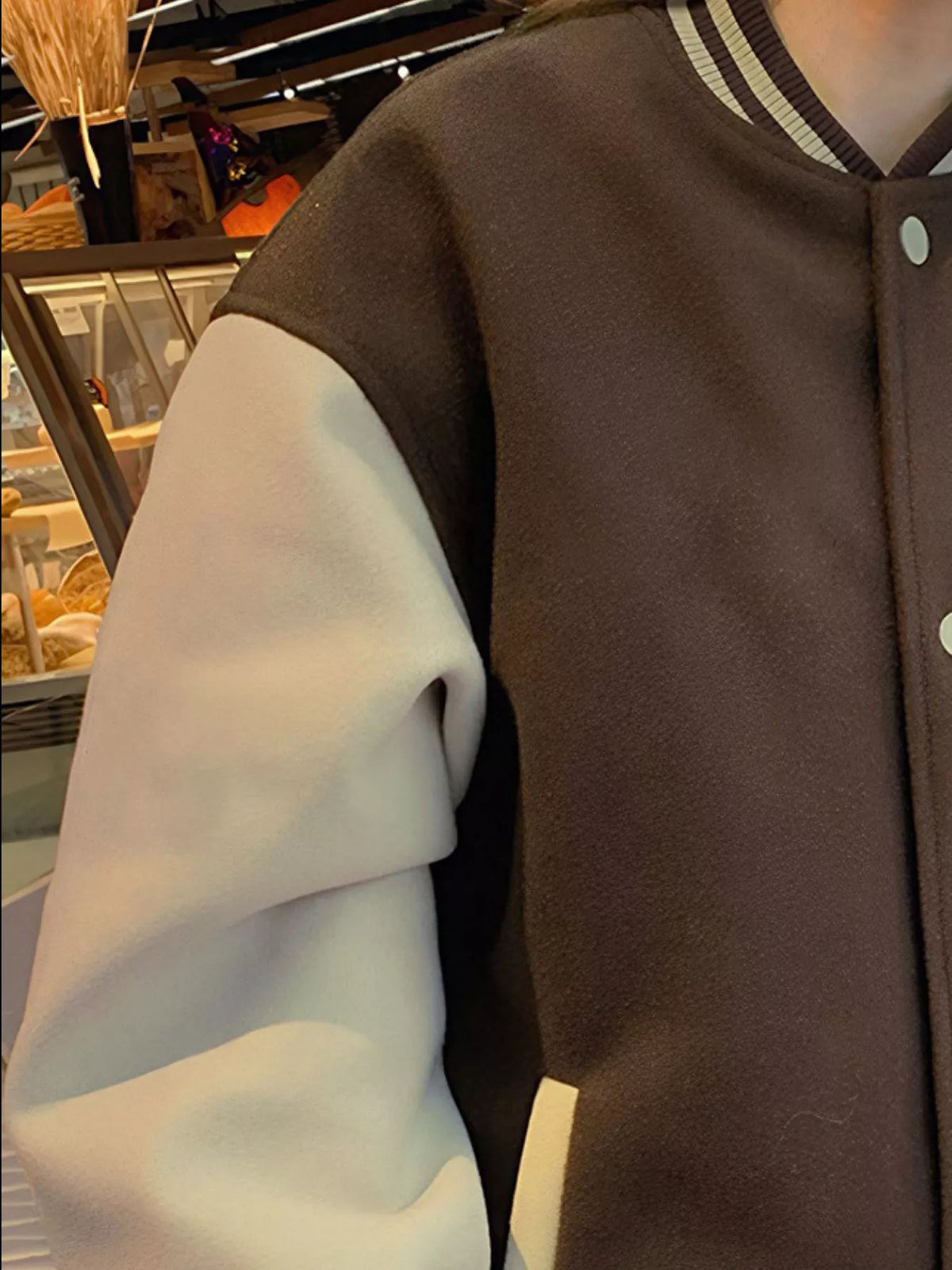 Color Block Snap Down Baseball Jacket in Brown, view 2
