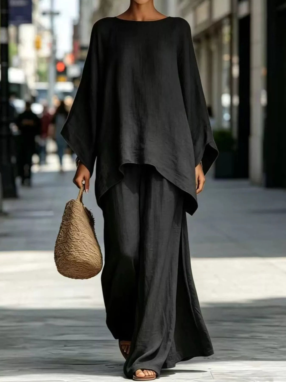 Full Size Batwing Sleeve Top and Wide-Leg Pants Set Plus Size in Black