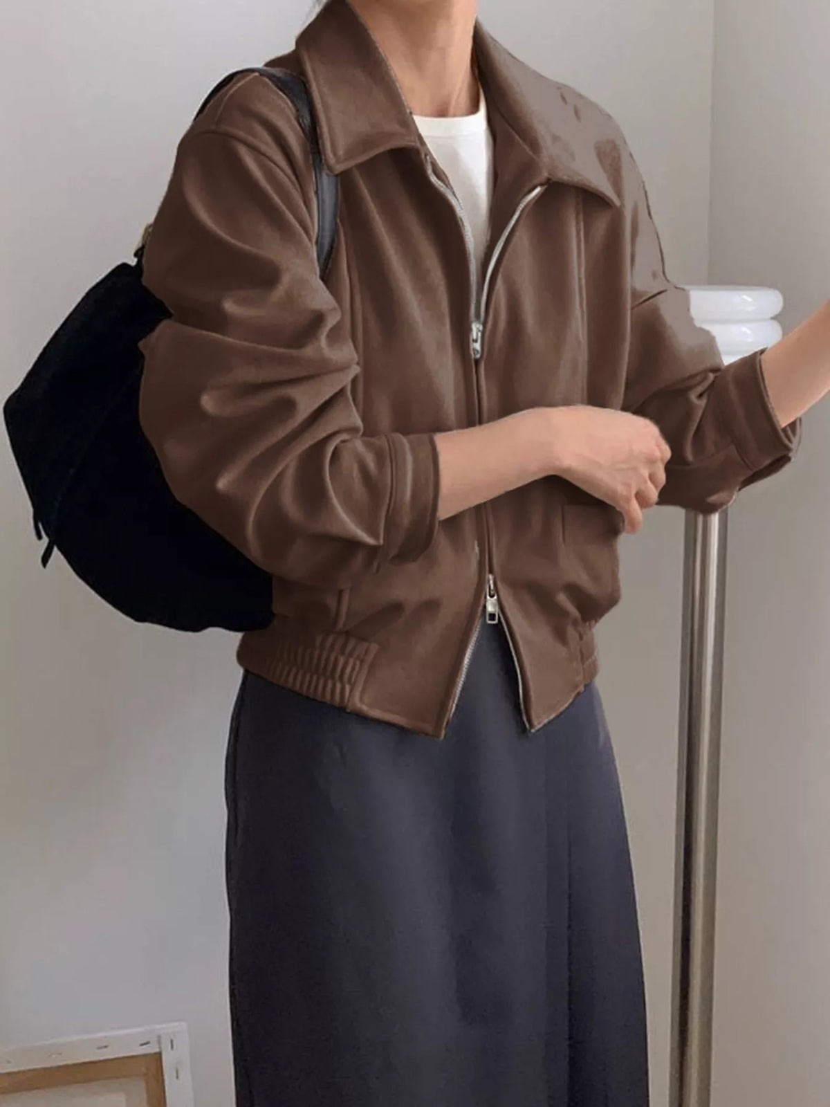 Zip Up Long Sleeve Jacket in Brown, view 6