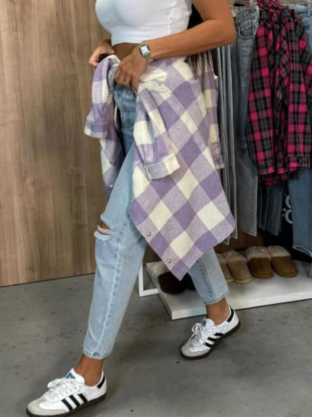 Plaid Button-Down Long Sleeve Shacket, view 9